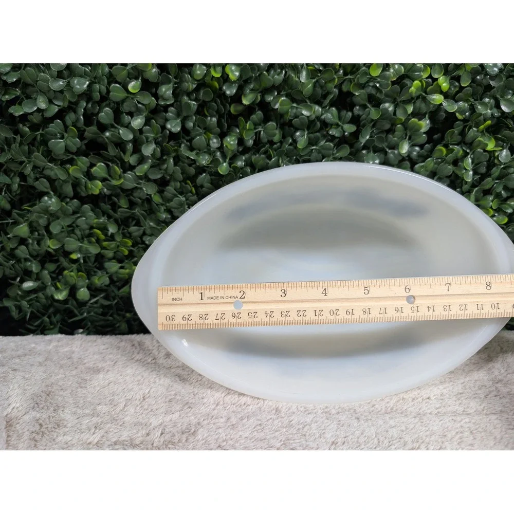Vtg Glasbake Currier & Ives Blue Steamboat Milk Glass Oval Casserole Dish w/ Lid